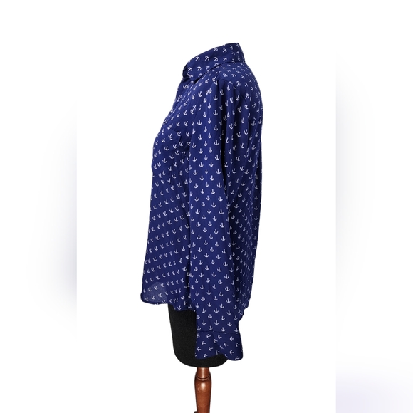 ♥️ EXPRESS PORTOFINO SHIRT BUTTON DOWN - NAVY BLUE ANCHOR PRINT WOMEN'S SIZE S|P - Picture 2 of 14